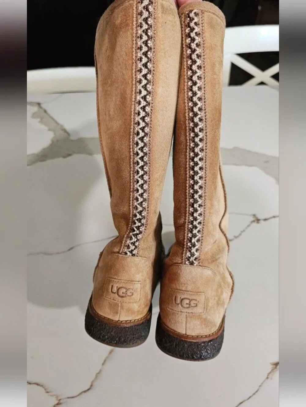 UGG Women's Suede Boots with Patterned Trim - Tan